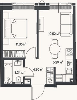 Планировка: 2-к, 35,3 м²