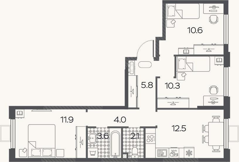 Планировка: 3-к, 60,8 м²