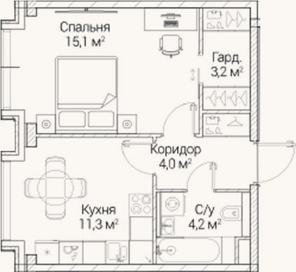 Планировка: 1-к, 37,8 м²