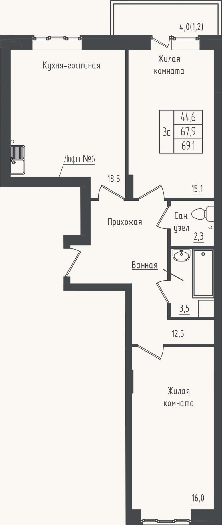 Планировка: 2-к, 67,9 м²