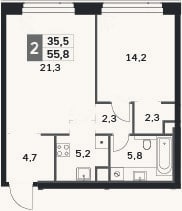 Планировка: 2-к, 55,8 м²