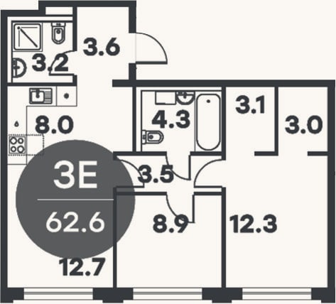 Планировка: 3-к, 62,6 м²