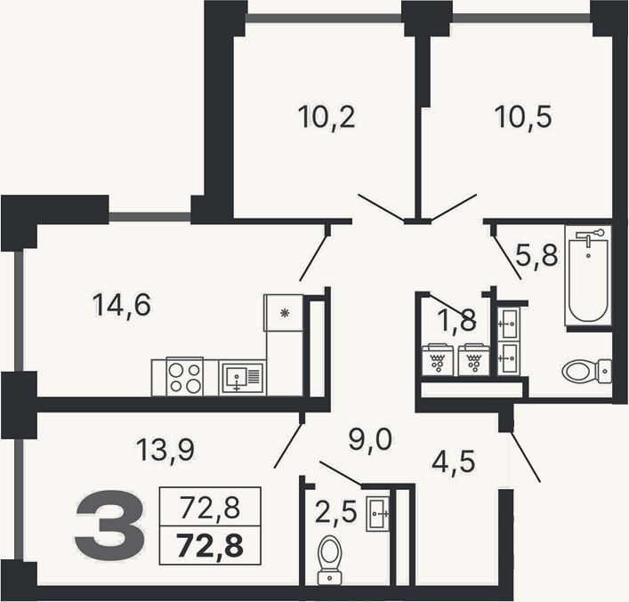 Планировка: 3-к, 72,8 м²