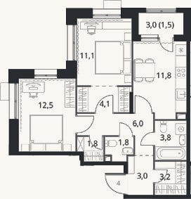Планировка: 2-к, 59,1 м²