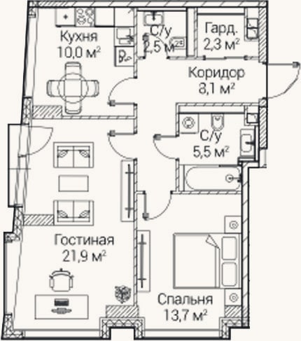 Планировка: 2-к, 63,9 м²