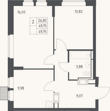 Планировка: 2-к, 49,8 м²