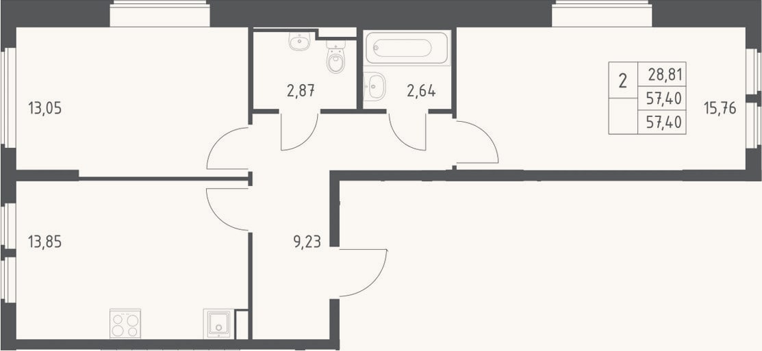 Планировка: 2-к, 57,4 м²