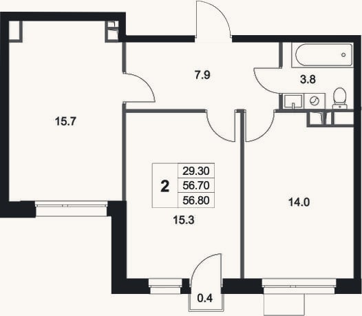 Планировка: 2-к, 56,7 м²