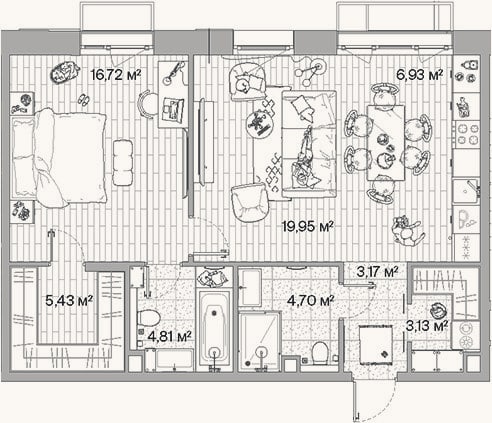 Планировка: 2-к, 64,8 м²