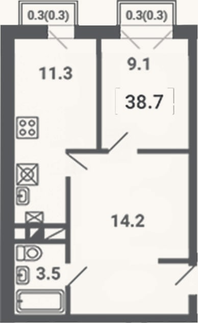 Планировка: 1-к, 38,1 м²