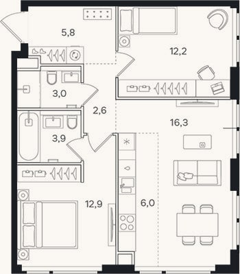 Планировка: 3-к, 62,7 м²