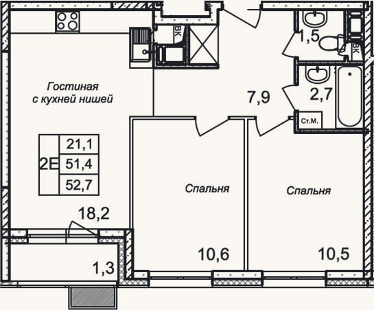 Планировка: 3-к, 51,4 м²