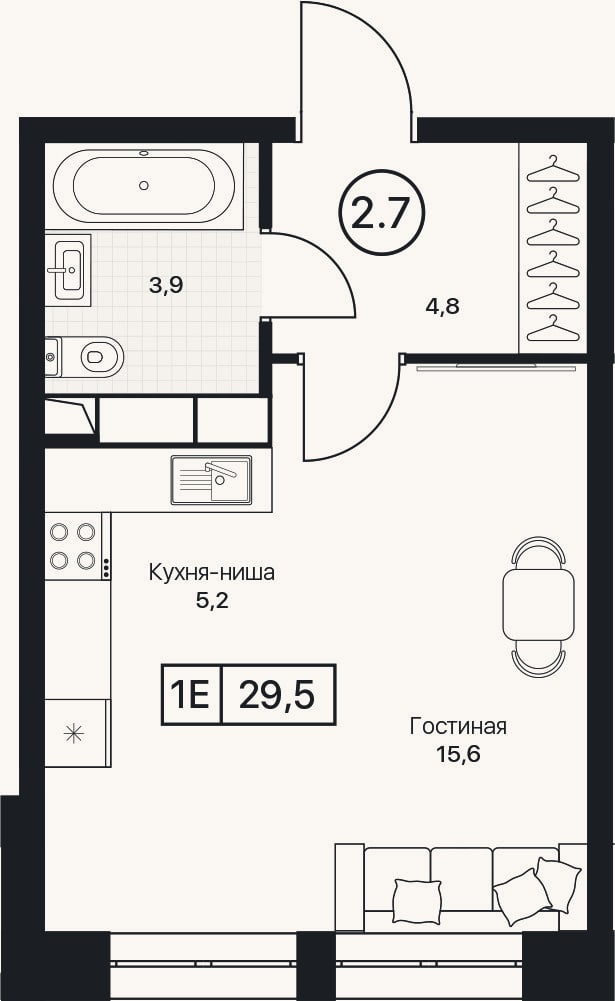 Планировка: Студия, 29,5 м²