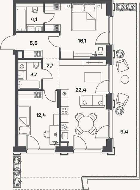 Планировка: 3-к, 65,7 м²