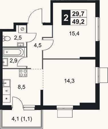 Планировка: 2-к, 48,1 м²