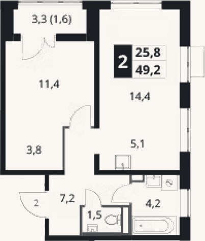 Планировка: 2-к, 47,6 м²