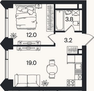 Планировка: 2-к, 38,1 м²