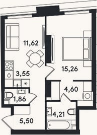 Планировка: 2-к, 46,6 м²