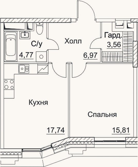 Планировка: 1-к, 48,9 м²