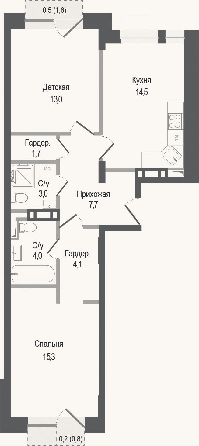 Планировка: 2-к, 63,3 м²
