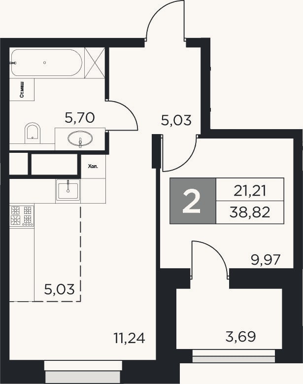 Планировка: 2-к, 37 м²
