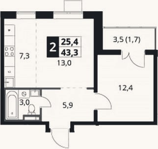 Планировка: 2-к, 41,6 м²