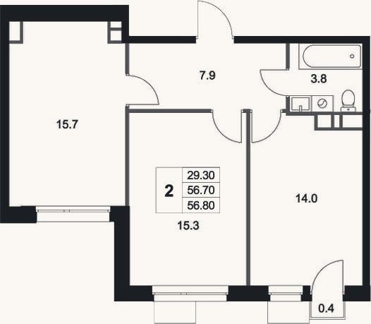Планировка: 2-к, 56,7 м²
