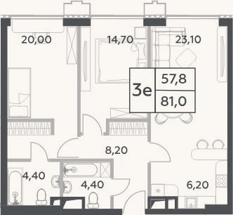 Планировка: 3-к, 81 м²