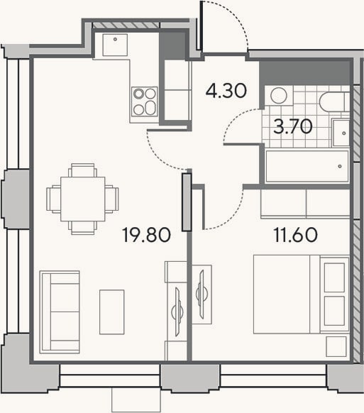 Планировка: 2-к, 39,4 м²