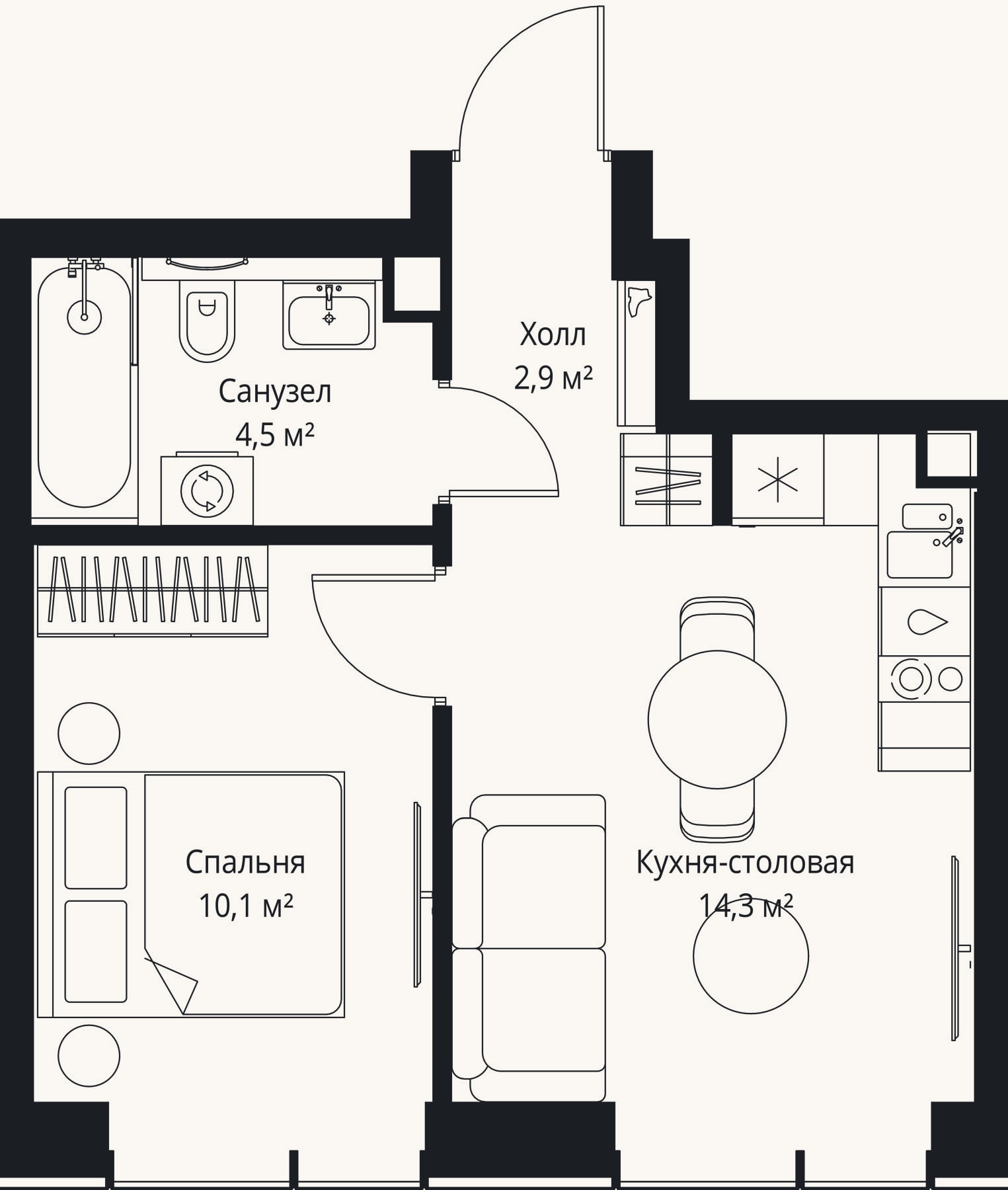 Планировка: 2-к, 31,8 м²