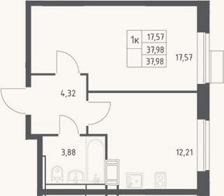 Планировка: 1-к, 38 м²