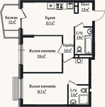 Планировка: 2-к, 54 м²