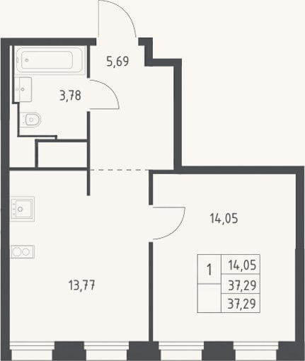 Планировка: 2-к, 37,3 м²