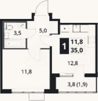 Планировка: 1-к, 33,1 м²