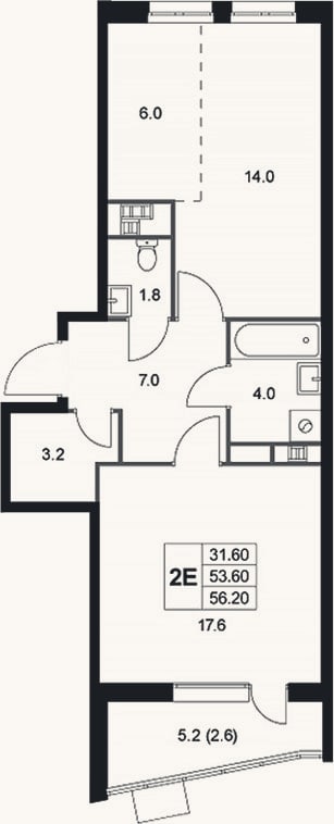 Планировка: 2-к, 53,6 м²