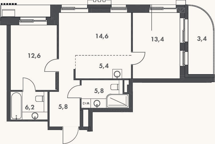 Планировка: 3-к, 63,8 м²