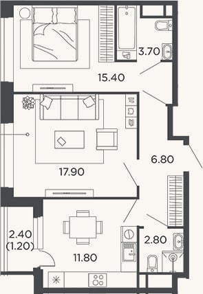 Планировка: 2-к, 58,4 м²