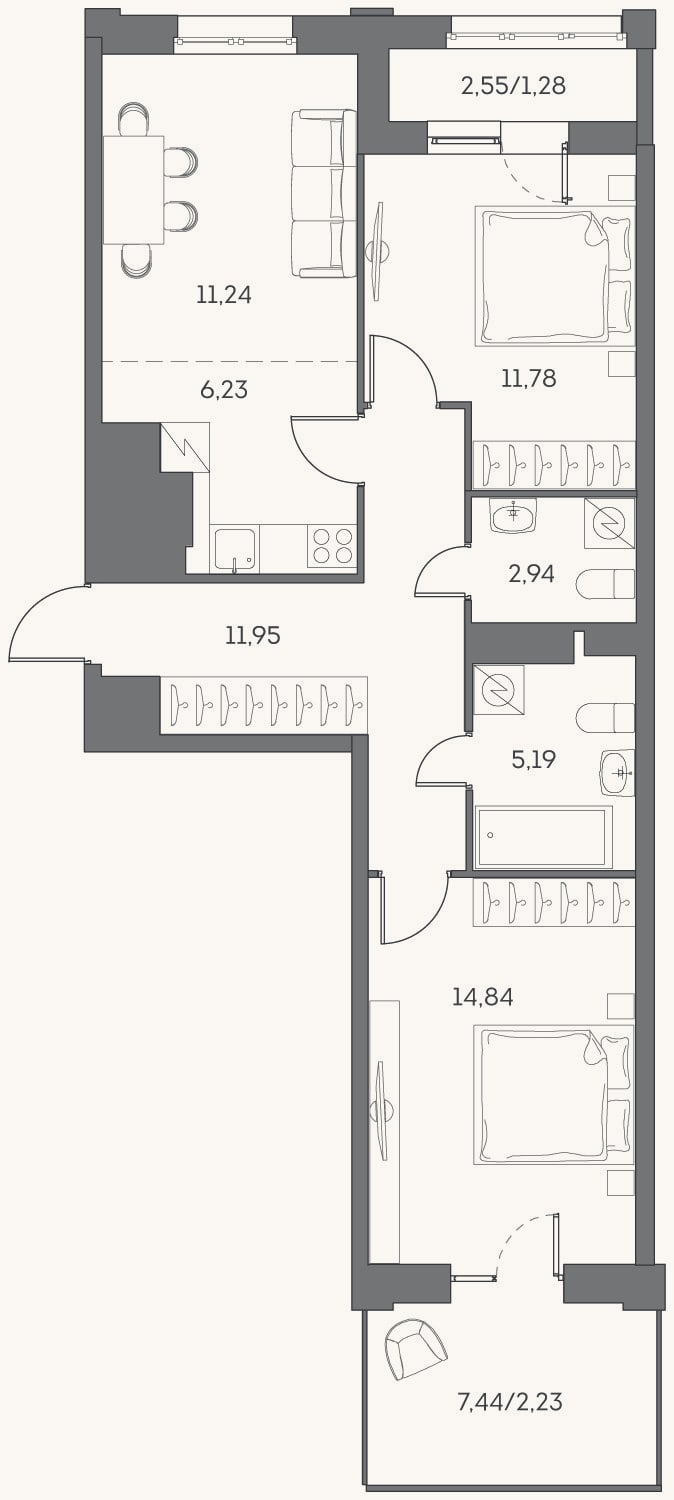 Планировка: 3-к, 64,2 м²