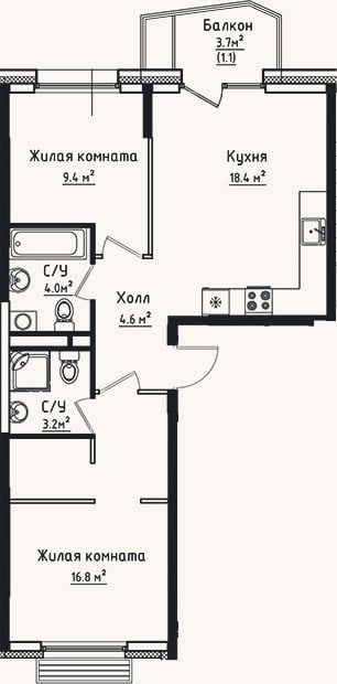 Планировка: 2-к, 56,4 м²