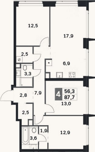 Планировка: 4+ к, 87,7 м²