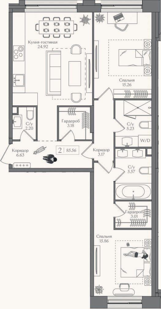 Планировка: 3-к, 85,6 м²