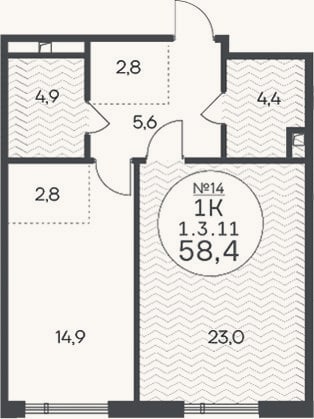 Планировка: 1-к, 58,4 м²