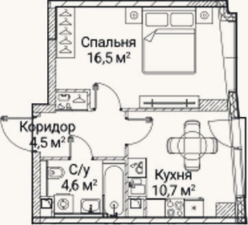 Планировка: 1-к, 36,3 м²