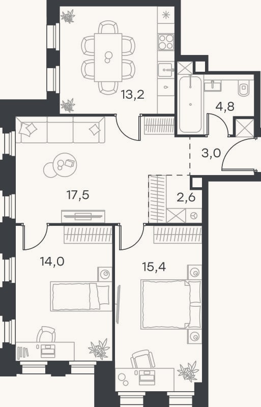 Планировка: 3-к, 70,5 м²
