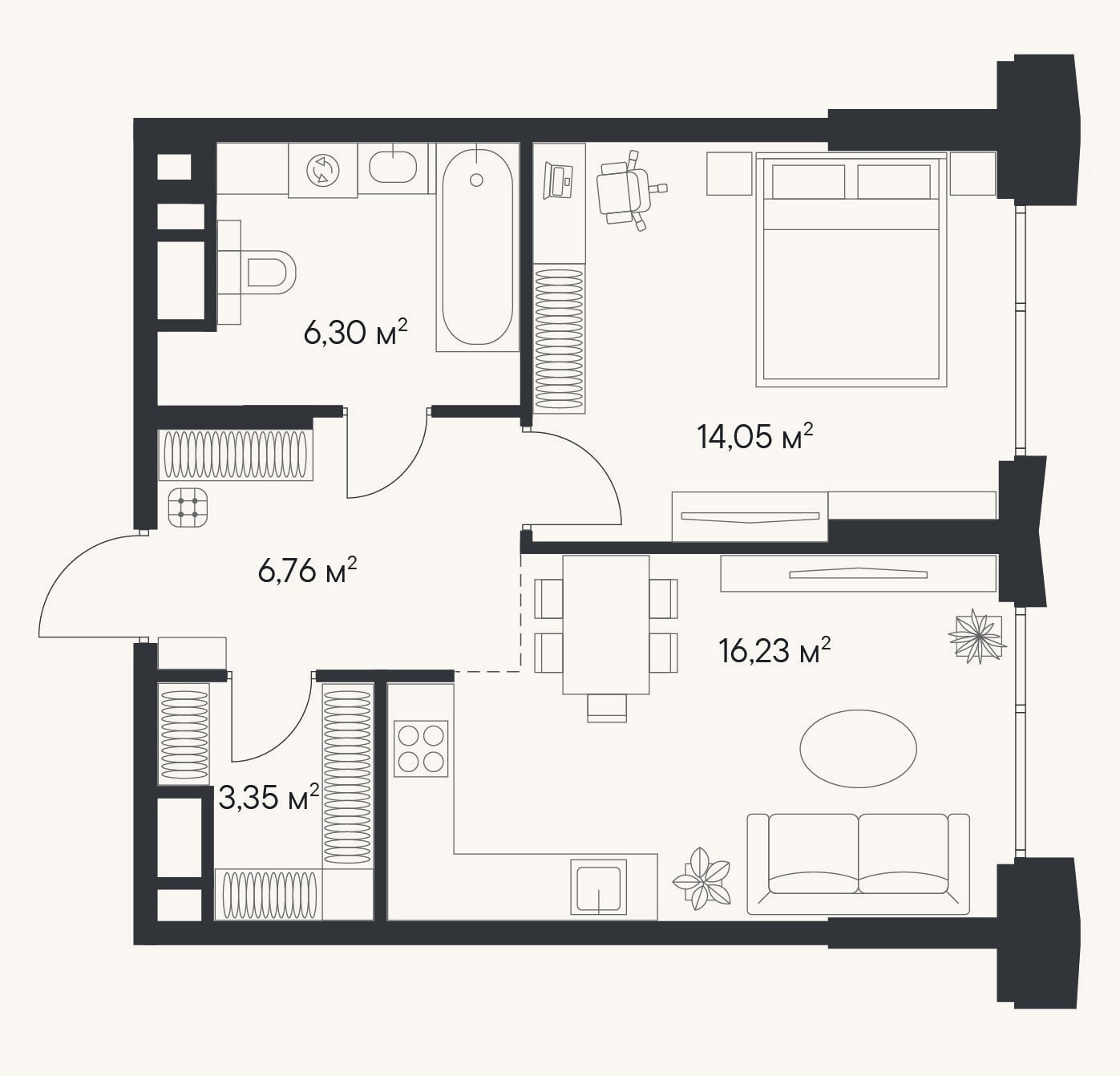 Планировка: 1-к, 47,6 м²