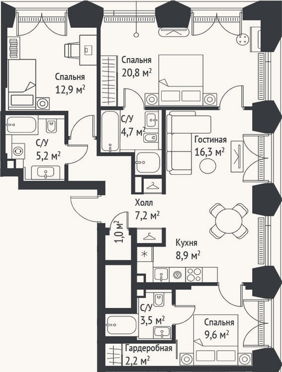 Планировка: 4+ к, 92,2 м²