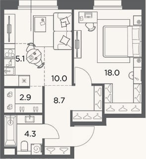 Планировка: 2-к, 49 м²