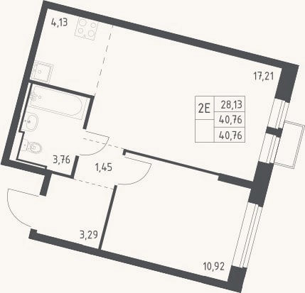 Планировка: 2-к, 40,8 м²