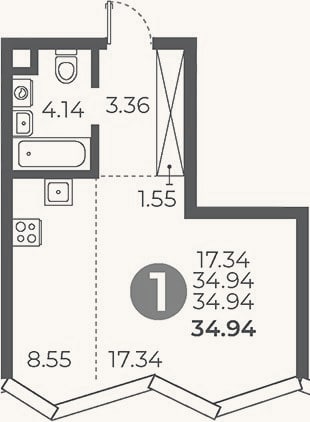 Планировка: Студия, 34,9 м²