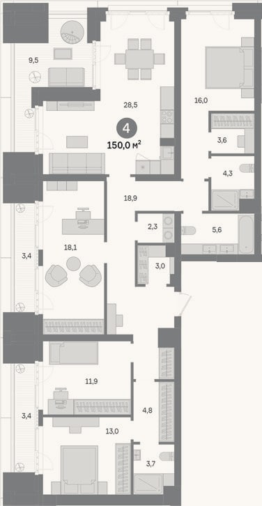 Планировка: 4+ к, 133,7 м²